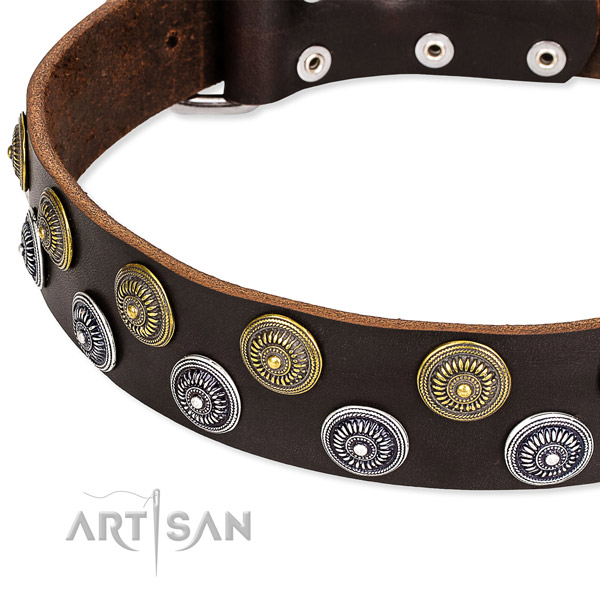 Adjustable leather dog collar with resistant to tear and wear durable set of hardware