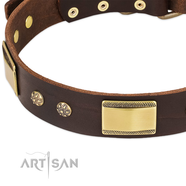 Everyday use natural genuine leather collar with rust-proof buckle and D-ring