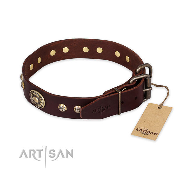 Daily use genuine leather collar with decorations for your four-legged friend