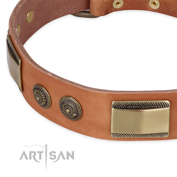 Everyday use natural genuine leather collar with strong buckle and D-ring