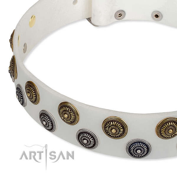 Easy to adjust leather dog collar with resistant to tear and wear chrome plated buckle and D-ring