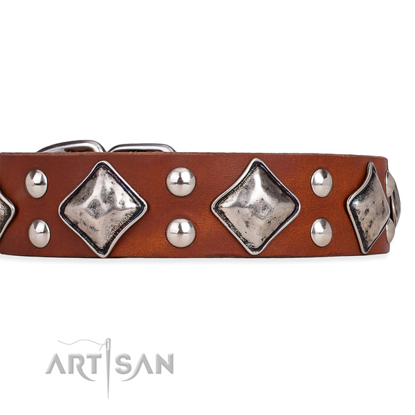 Adjustable leather dog collar with resistant to tear and wear rust-proof buckle