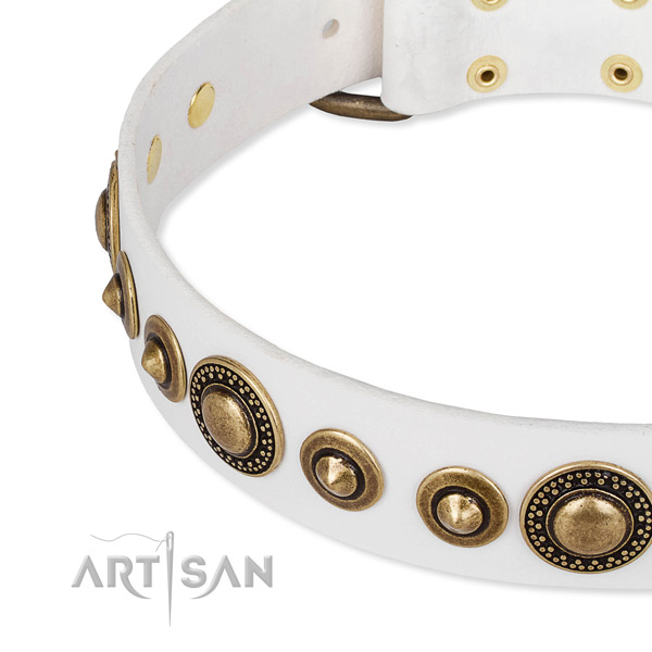 Easy to adjust leather dog collar with extra strong bronze-like plated buckle and D-ring
