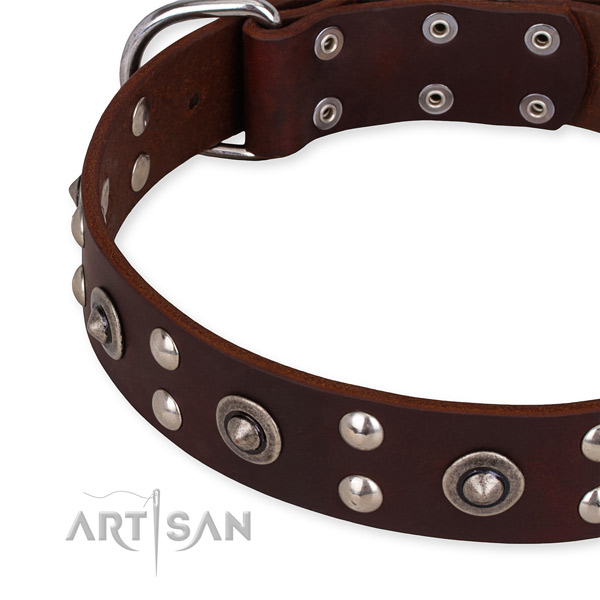 Adjustable leather dog collar with almost unbreakable non-rusting hardware