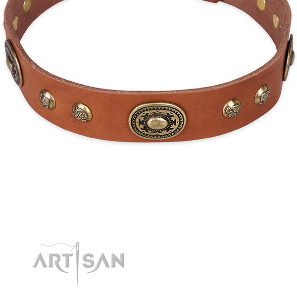 Stylish walking full grain natural leather collar with corrosion proof buckle and D-ring