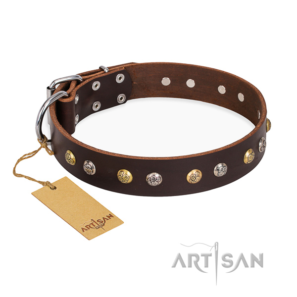 Unusual design embellishments on natural genuine leather dog collar