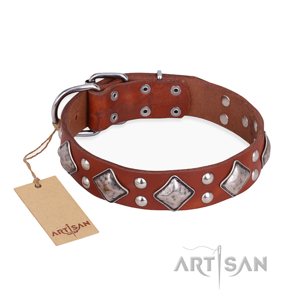 Significant design embellishments on full grain genuine leather dog collar