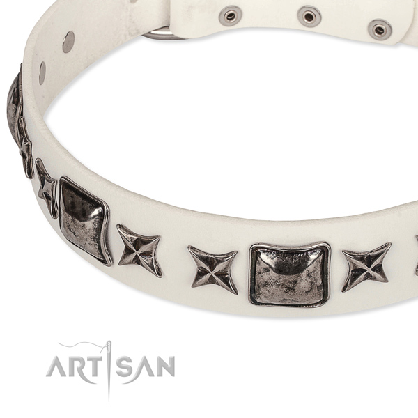 Easy to use leather dog collar with resistant non-rusting hardware