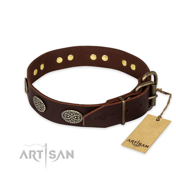 Extraordinary design embellishments on natural genuine leather dog collar