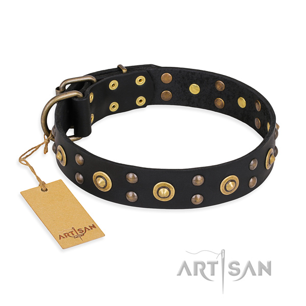 Remarkable design adornments on natural genuine leather dog collar