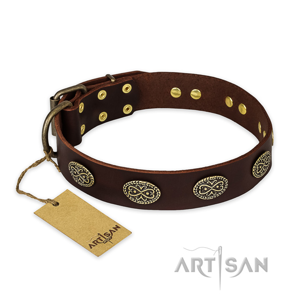 Handy use genuine leather collar with decorations for your canine