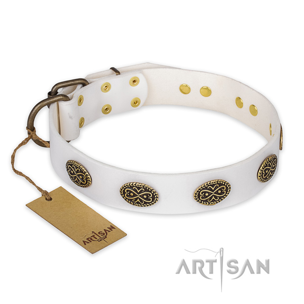 Inimitable design adornments on natural genuine leather dog collar