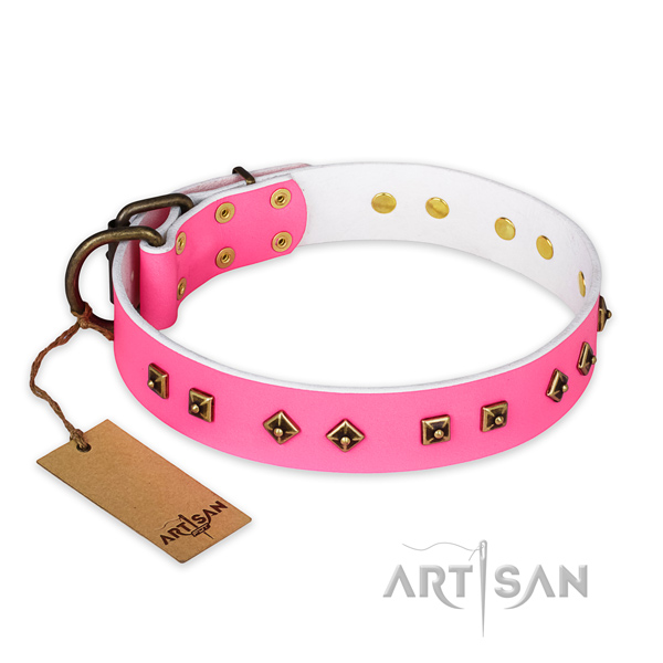 Unique design adornments on natural genuine leather dog collar