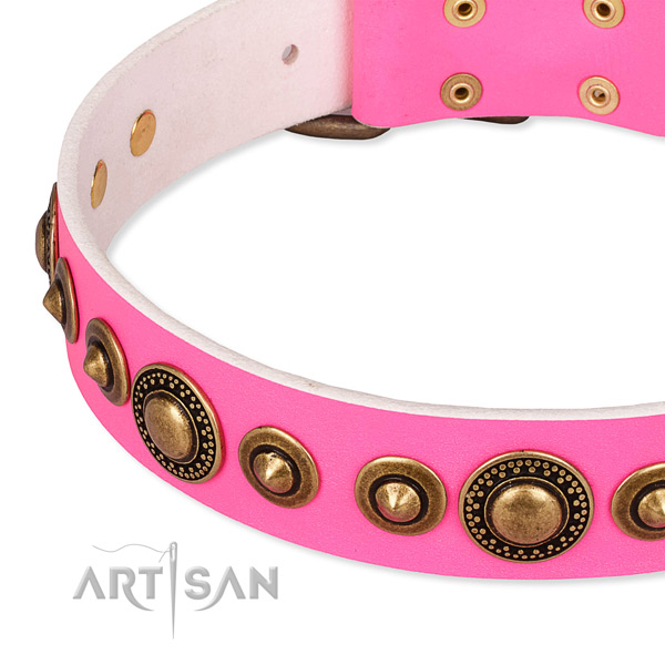 Easy to use leather dog collar with resistant old bronze-like plated buckle and D-ring