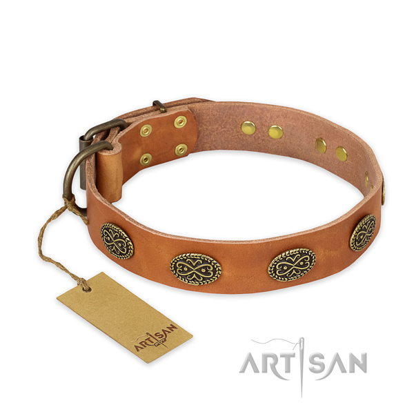 Impressive design studs on natural genuine leather dog collar