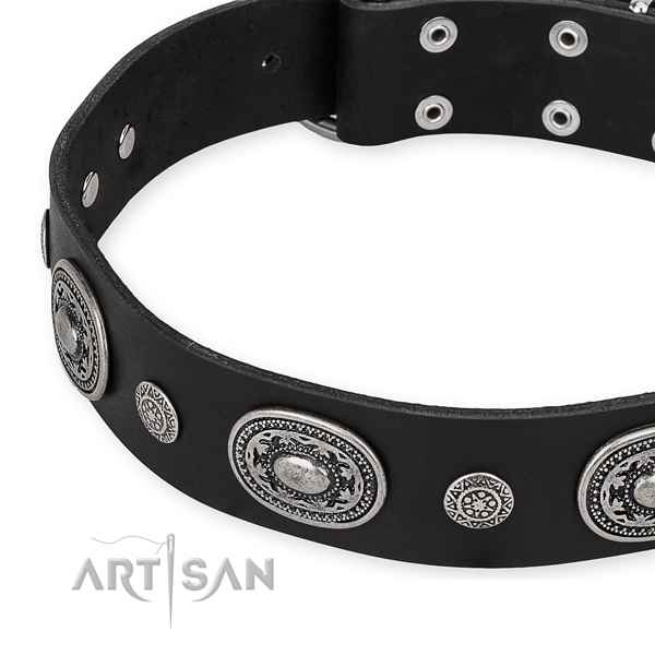 Easy to use leather dog collar with almost unbreakable non-rusting fittings