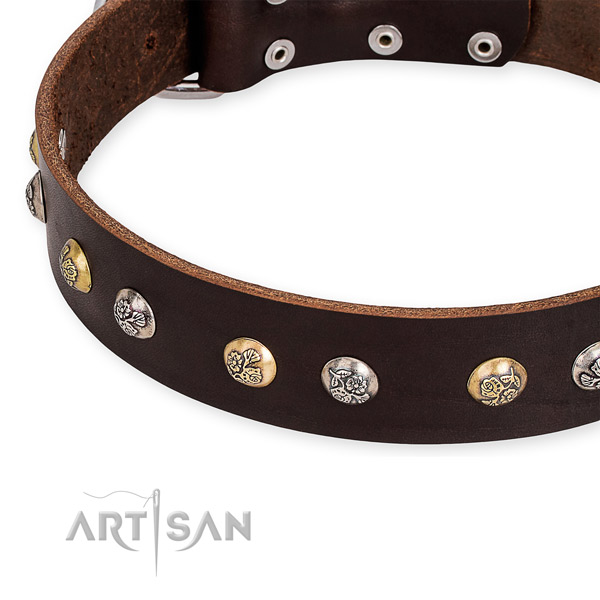 Snugly fitted leather dog collar with almost unbreakable non-rusting buckle