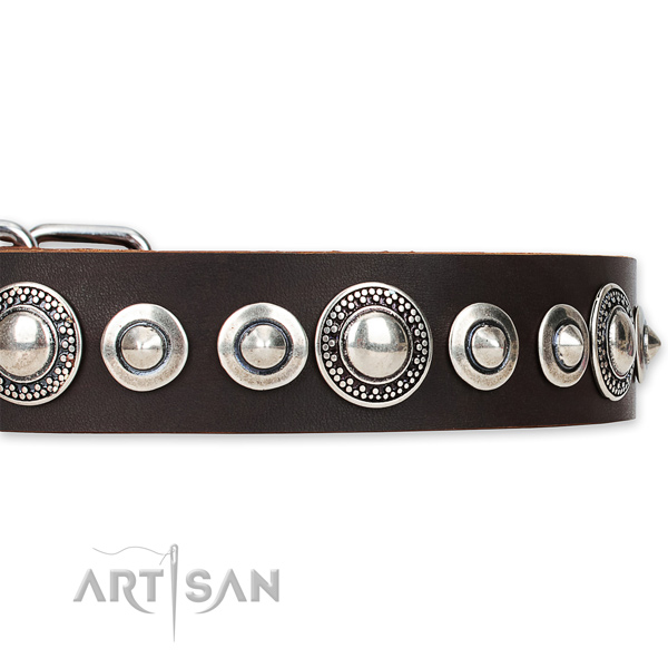 Easy to adjust leather dog collar with almost unbreakable non-rusting set of hardware