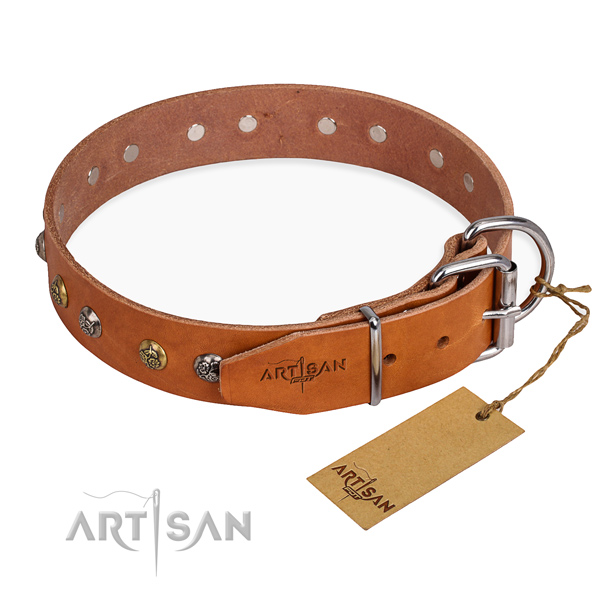 Exquisite design decorations on natural genuine leather dog collar