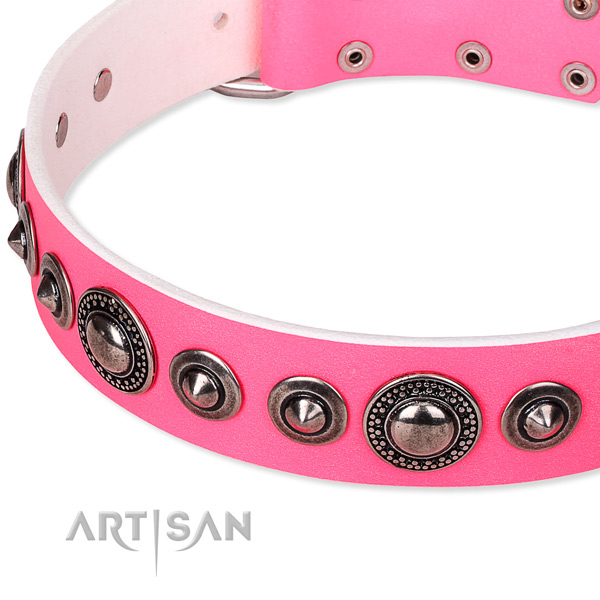 Easy to adjust leather dog collar with extra strong chrome plated hardware