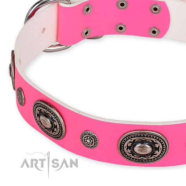 Easy to use leather dog collar with resistant rust-proof buckle and D-ring