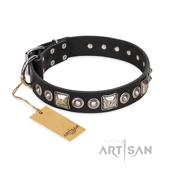 Tough leather dog collar with non-corrosive elements