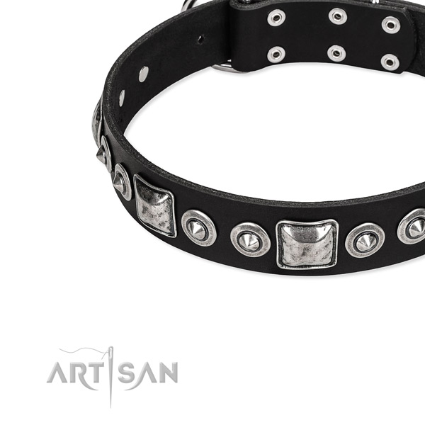 Quick to fasten leather dog collar with almost unbreakable chrome plated hardware