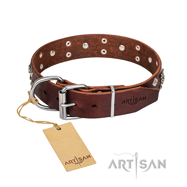 Indestructible leather dog collar with rust-resistant hardware