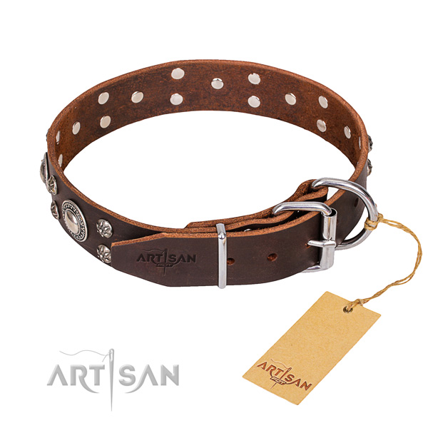 Full grain genuine leather dog collar with thoroughly polished leather strap