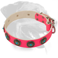 Pink Leather Dog Collar for Rottweiler with Hand Set Decoration