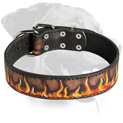 Rottweiler Dog Painted Flames Leather Collar
