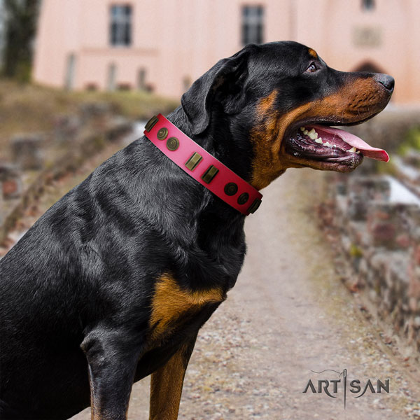 Rottweiler easy adjustable leather dog collar with stylish design decorations