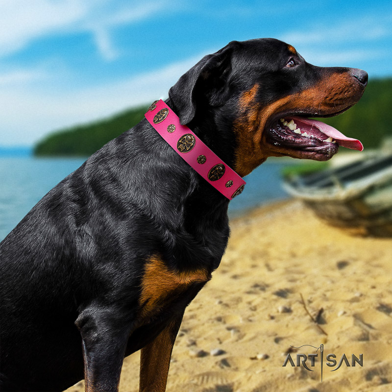 La Femme FDT Artisan Pink Leather Dog Collar with Ornate Brooches