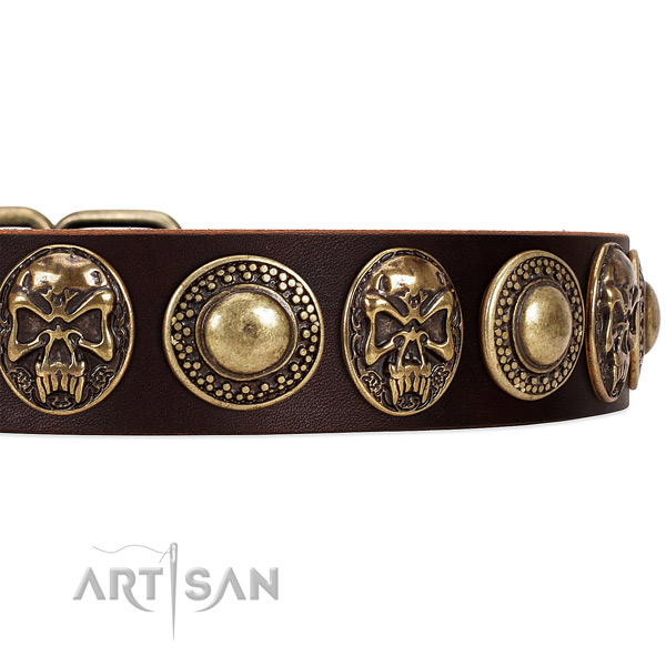 Full grain natural leather dog collar with decorations for comfortable wearing