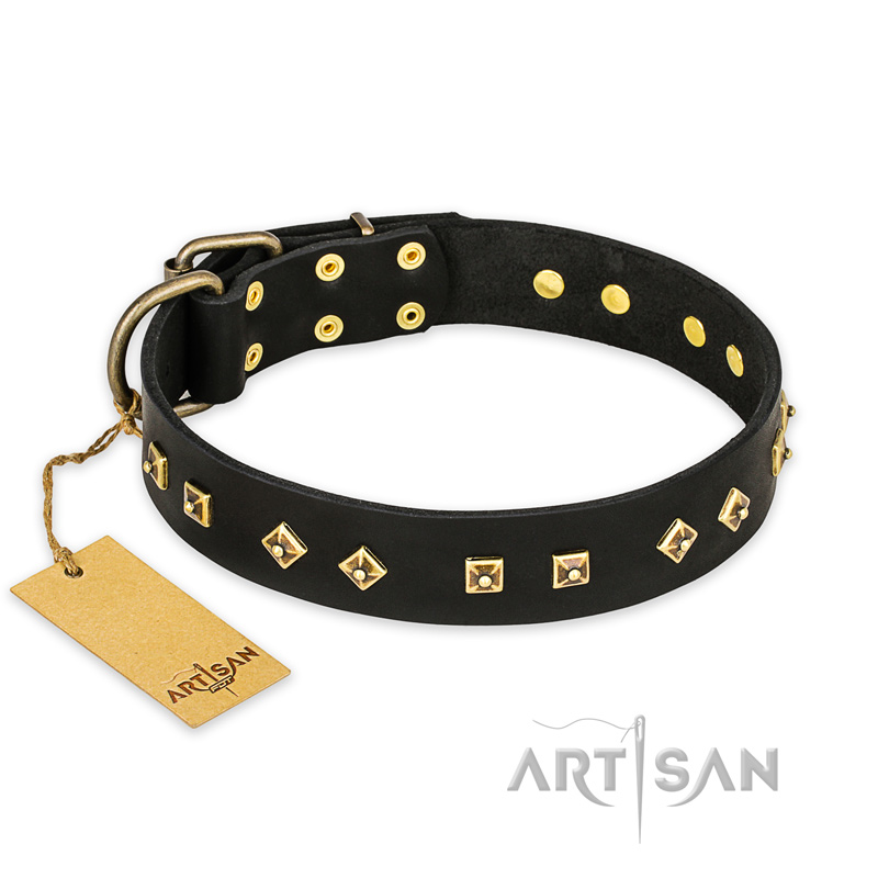 'Rhomb Style' FDT Artisan Rottweiler Black Leather Dog Collar with Old Bronze-Like Plated Studs 1 1/2 inch (40 mm) Wide