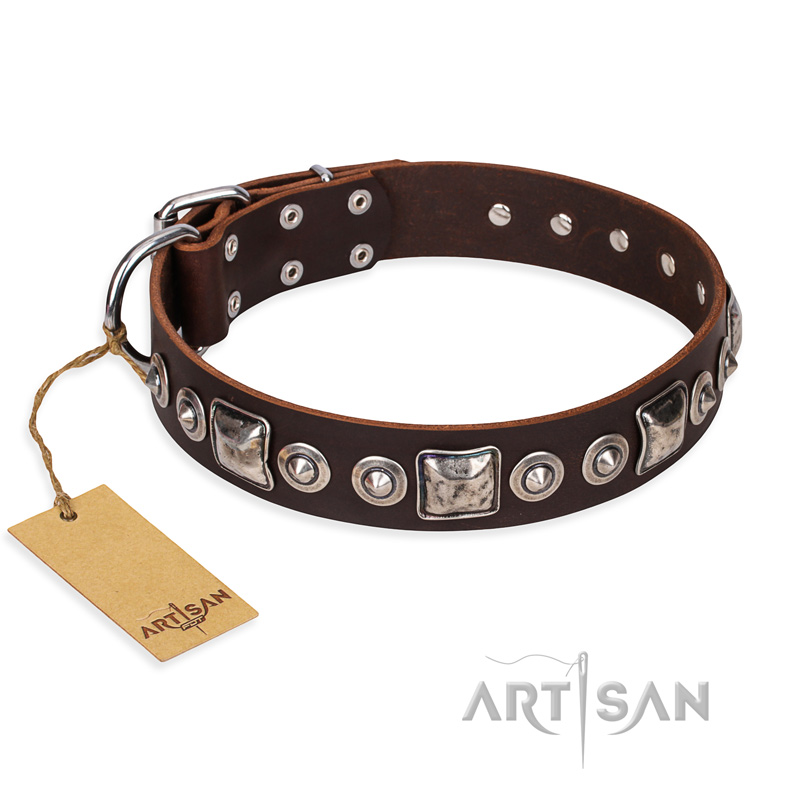 'Pierian spring' FDT Artisan Brown Leather Rottweiler Dog Collar with Silvery Decorations - 1 1/2 inch (40 mm) wide