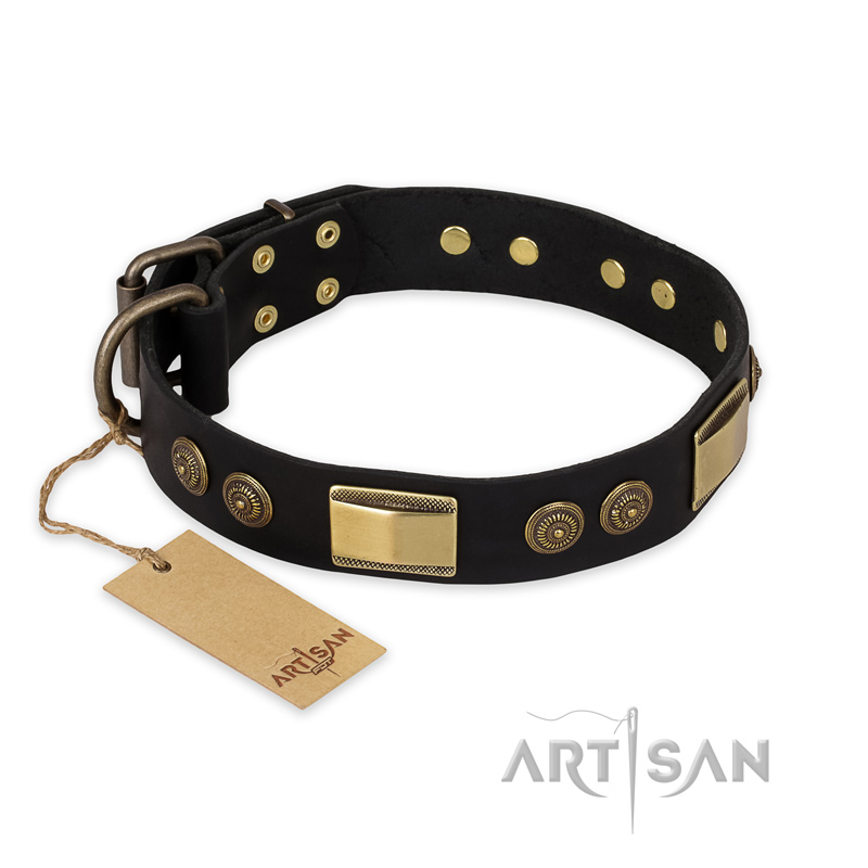 "Ancient Egypt" Designer FDT Artisan Black Leather Rottweiler Collar with Stunning Brass Decorations