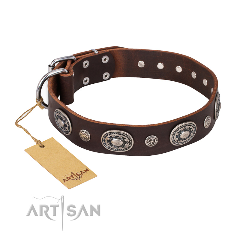 'Extra Pizzazz' FDT Artisan Adorned Brown Leather Rottweiler Collar