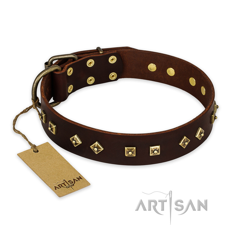 'Fashion Studs' FDT Artisan Decorated Leather Rottweiler Collar with Old Bronze-Plated Steel Hardware 1 1/2 inch (40 mm) Wide