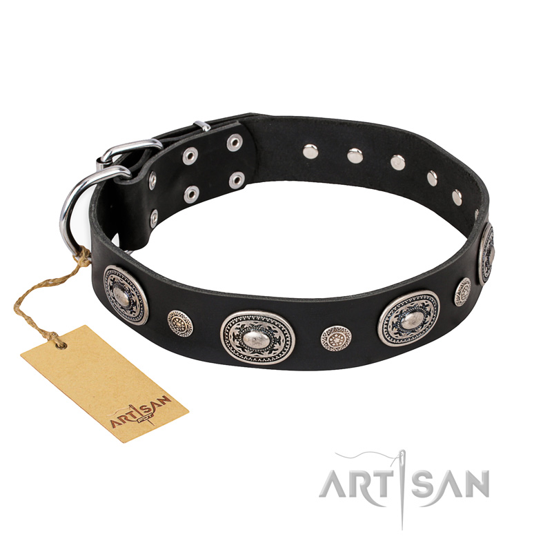 'Black Tie' FDT Artisan Leather Rottweiler Collar with Old Silver-like Decorations - 1 1/2 inch (40 mm) wide