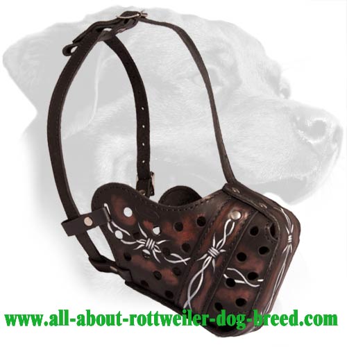 Adjustable Handpainted Leather Rottweiler Muzzle for Dog Attack Training and Daily Walks