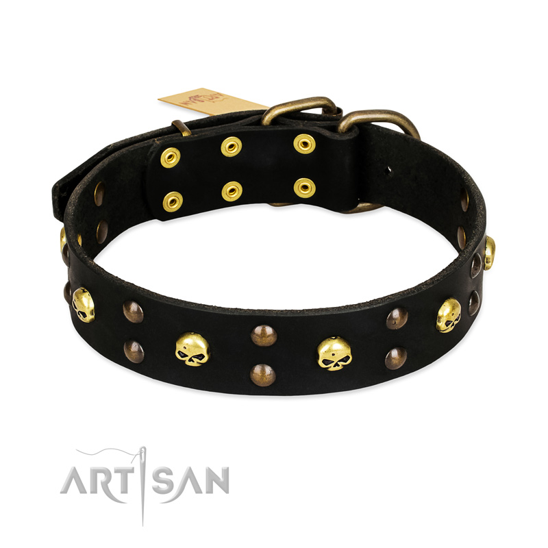 FDT Artisan 'Heavy Metal' Adorned Leather Rottweiler Collar with Skulls and Studs 1 1/2 inch (40 mm)