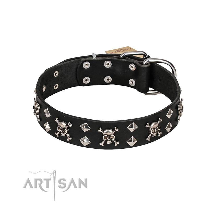 FDT Artisan 'Rock 'n' Roll Style' Leather Rottweiller Collar with Skulls, Bones and Studs 1 1/2 inch (40 mm) wide