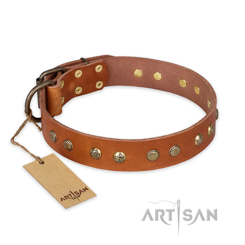 'Spring Flavor' FDT Artisan Rottweiler Tan Leather Dog Collar with Old Bronze-Like Plated Engraved Studs 1 1/2 inch (40 mm) wide