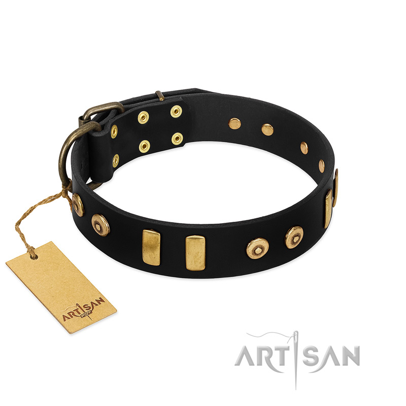 "Rare Dog" FDT Artisan Black Leather Rottweiler Collar with Old Bronze-like Dotted Studs and Tiles