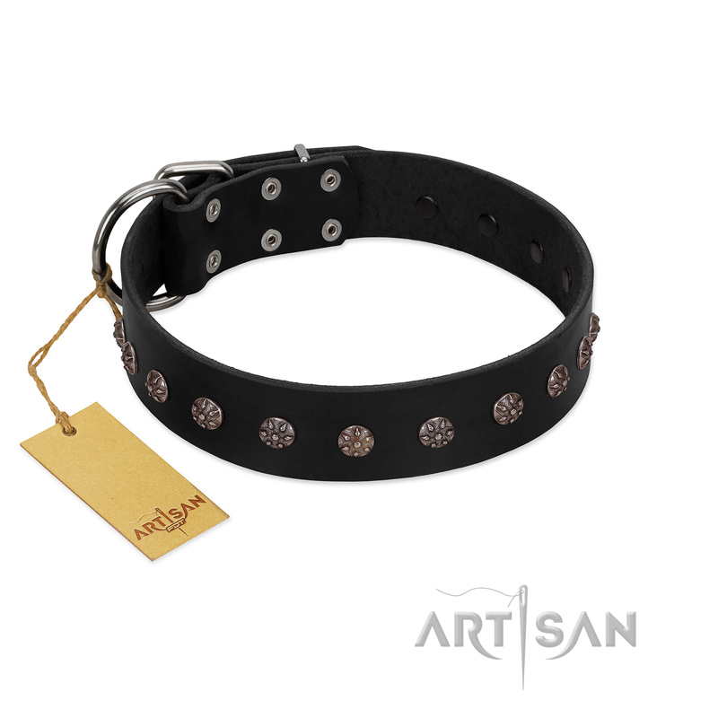 "Flower Rhapsody" FDT Artisan Premium Quaulity Black Leather Rottweiler Collar - Click Image to Close