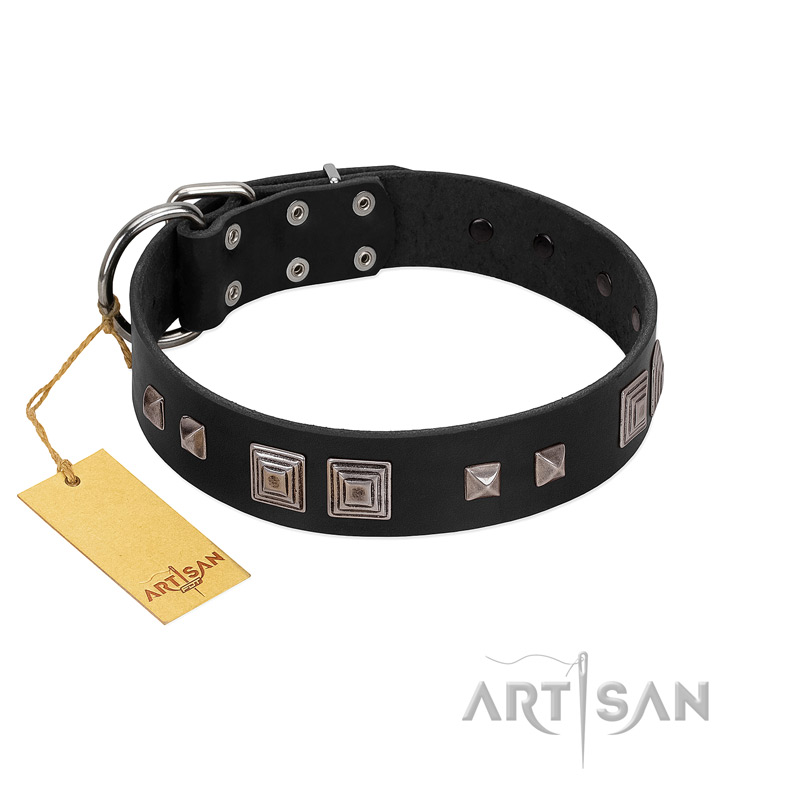 "Foregone Riches" FDT Artisan Black Leather Rottweiler Collar with Old Silver-like Square Studs and Pyramids