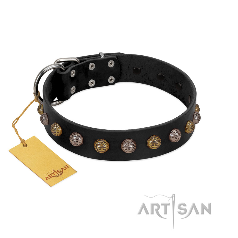 "Inky Prettification" FDT Artisan Black Leather Rottweiler Collar with One Row of Studs - Click Image to Close