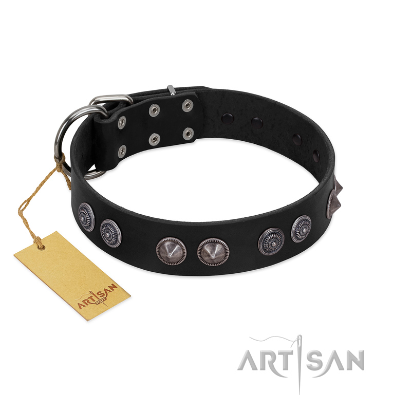 "Silver Medallions" Mod FDT Artisan Black Leather Rottweiler Collar with Round Plates
