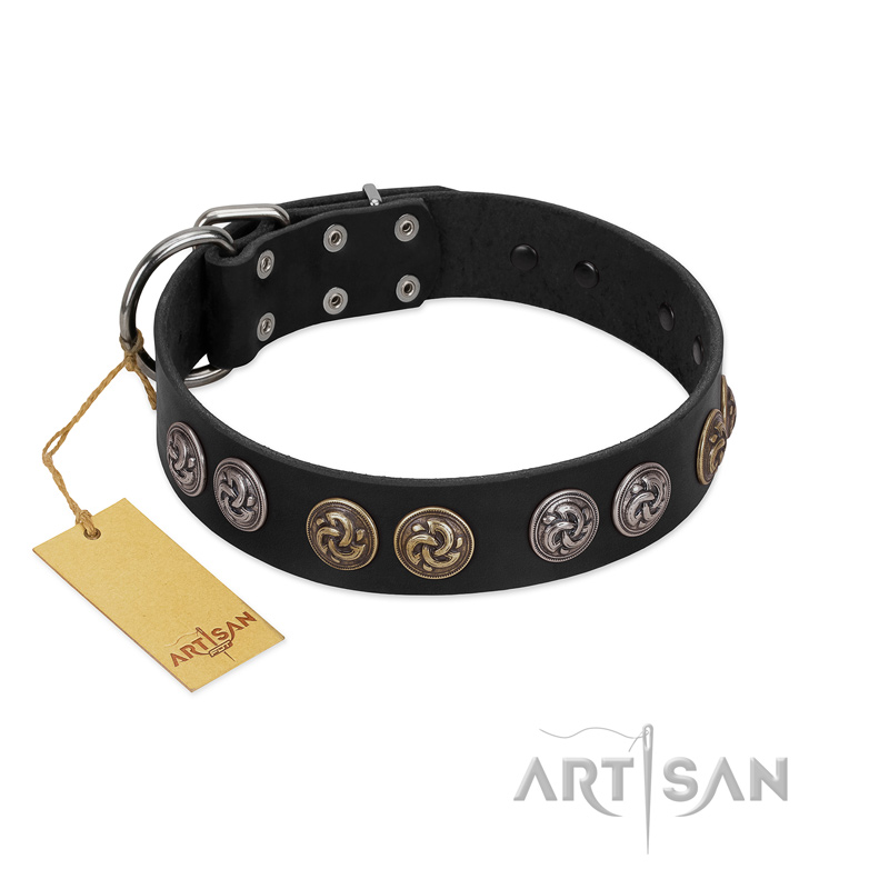 "Mister Exclusive" Designer FDT Artisan Black Leather Rottweiler Collar with Medallions